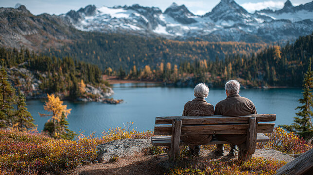 seniors enjoying serene outdoors together overlooking beautiful mountains reflecting retirement lifestyle companionship freedom tranquility and nature inspired peace
