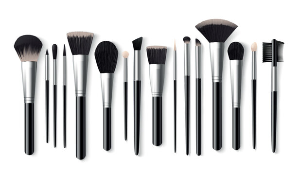 Realistic cosmetic brushes. Makeup brush for eyeshadow, powder blush face foundation eyelashes eyebrow eye shadow brow make up tool paintbrush beauty set exact vector illustration