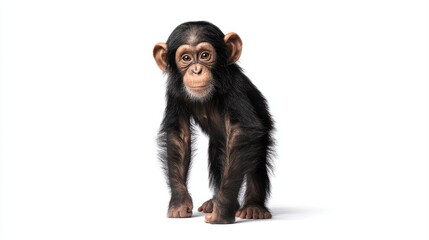 A captivating portrait of a young chimpanzee, standing against a pristine white backdrop ideal for fashion and lifestyle projects that embody energy and playfulness, inspiring creativity in.