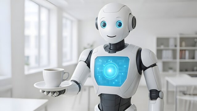 Humanoid Robot Serving Coffee in Modern Office with Digital Interface