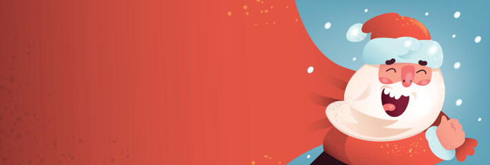 Santa bag banner. Claus carrying bag with christmas gifts sale banner header text letter merry xmas happy new year winter holiday red greeting background classy vector illustration