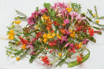 Bunch of flowers, Colorful Tropical Flowers and Leaves on White Background.