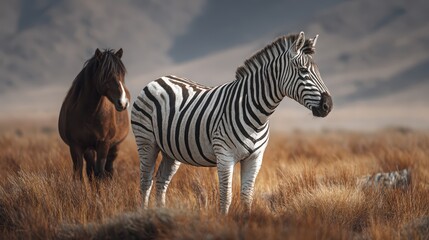 Naklejka premium African Steppe Scene Majestic Zebra Horse Amongst Tall Grass, Mountainous Backdrop Perfect for Lifestyle Brands Seeking Elegance and Serenity.