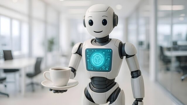 Humanoid Robot Serving Coffee in Modern Office with Digital Interface