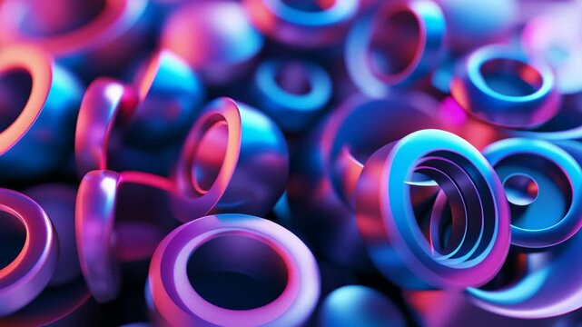 Dynamic purple and blue torus shapes rotating and transforming across vibrant geometric landscape, creating mesmerizing digital motion graphic design