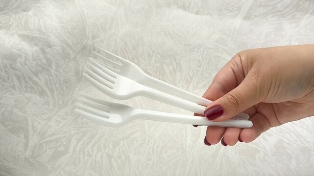 White disposable plastic forks in a woman's hand. The use of disposable tableware in public catering.