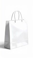 Blank white paper shopping bag stands upright on a white surface, ready for branding and product placement, conveying simplicity and cleanliness.