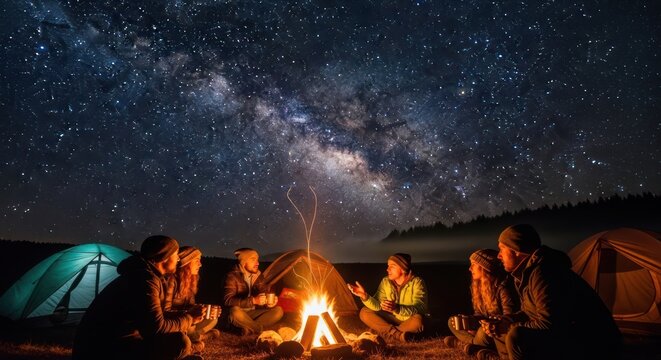 Campfire Night: Friends Gather 'Neath Starry Skies