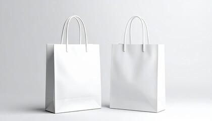 Two blank white paper shopping bags stand side by side against a clean white backdrop, ready for branding or product placement in a minimalist style.