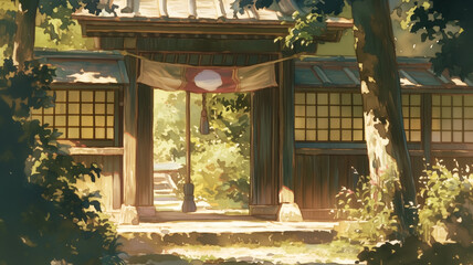 水彩画風の柔らかなタッチで描かれた1970年代昭和の日本風景イラスト。古い町並みや電柱、木造家屋が並び、懐かしさとノスタルジーを感じさせる穏やかな情景を表現したアート素材。