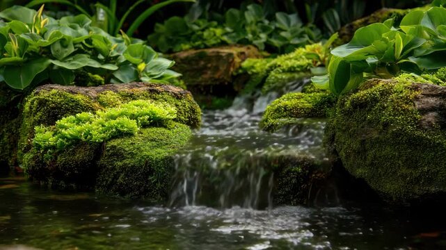 Cascading Waterfall Over Moss Covered Rocks Lush Greenery Tranquil Scene Smooth Flowing Water Background Refreshing Atmosphere Close Up View Natural Beauty