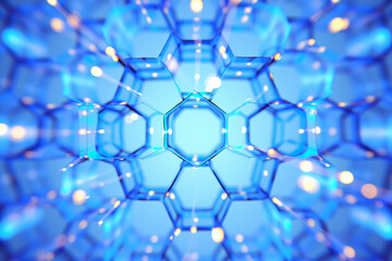 Abstract blue hexagonal molecular structure with glowing particles