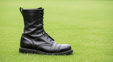 A sturdy black leather work boot rests on a vibrant green lawn.