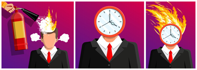 Man suffering job burnout with burning head and clock head. Businessman stressed from urgent deadline. Overworked employee frustration.