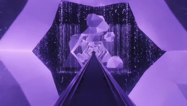 Abstract journey down a futuristic purple corridor towards a glowing, low-poly crystalline structure