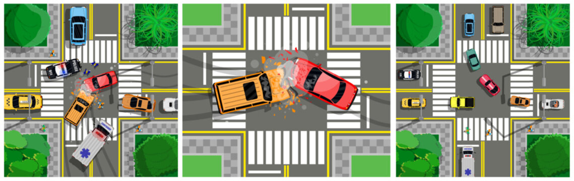 Car crash on city intersection street top view. Road accident with police and ambulance. Traffic safety and emergency response concept.