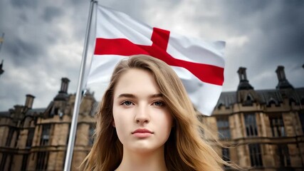 Young woman in front of the England flag smiling naturally with wind in her hair and historic architecture in the background representing British patriotism culture and national identity - Powered by Adobe