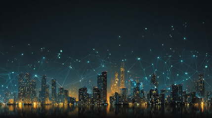Fototapeta premium Twilight a city of modern business and smart digital innovation with a network of interconnected rewards over the cityscape of the future smart wireless digital city and social media network