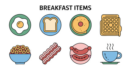 A Collection of Pixel Art Icons Representing Various Breakfast Foods and Beverages Found in a Typical Morning Meal Spread