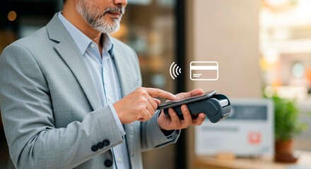 Man in suit using smartphone for contactless payment on pos terminal with card icon overlayed