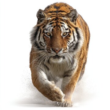 Focused Tiger Running Forward on White Background