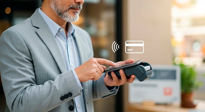 Man in suit using smartphone for contactless payment on pos terminal with card icon overlayed