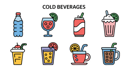 Collection of Refreshing Cold Drinks and Beverages in Various Styles for a Menu or Design Project