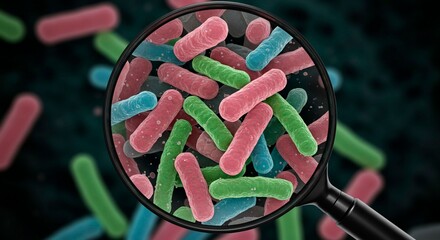 A magnified view of colorful bacteria cells under a magnifying glass on a dark green background