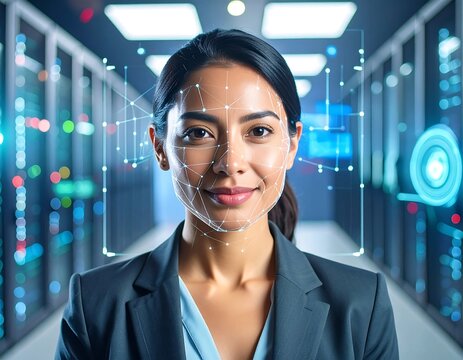 Woman in server room, facial recognition