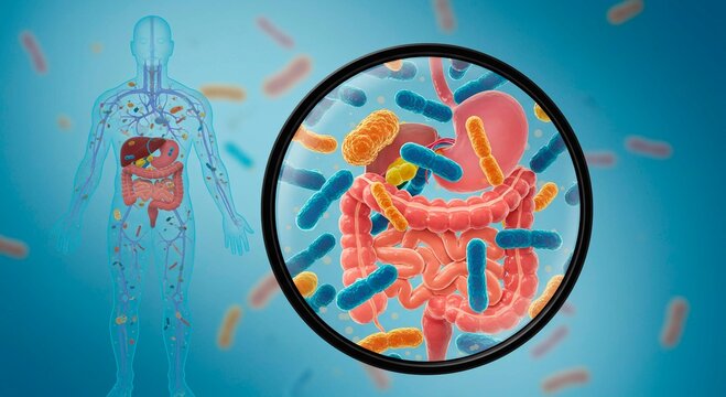 Human body with digestive system and bacteria under magnifying glass on a blue gradient background