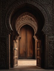 Intricately Carved Wooden Moroccan Archway and Doors with Traditional Islamic Patterns