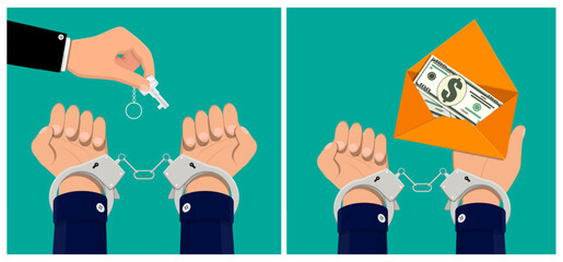 Obraz premium Man hand in black shirt cuff holding key, another man hand in blue shirt with handcuffs trying to get money for freedom. Bribery concept illustration.