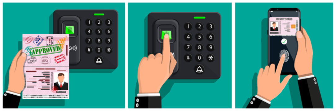 Man's hand scanning fingerprint for security access. Biometric identification system for digital identity verification. Modern technology for secure login.