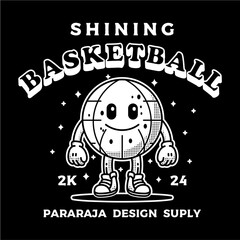 A whimsical cartoon mascot illustration of a shining, happy basketball character in a retro monochrome style against a starry background
