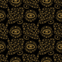 Mystical Serpent and Eye Celestial Illustration Seamless Stunning Gold Sacred Pattern Clipart