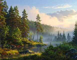 A tranquil forest scene with a lake enveloped in morning mist, showcasing tall pine trees and lush greenery.