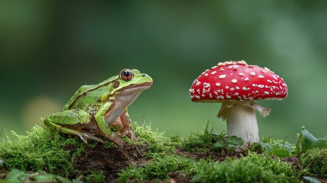 Green frog sitting on moss near red fly agaric mushroom in forest nature scene with blurred background