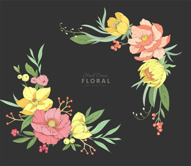 Botanic set of detailed various flowers and brunch. Luxury vintage floral collection for wedding invitation, wallpaper art or save the date card