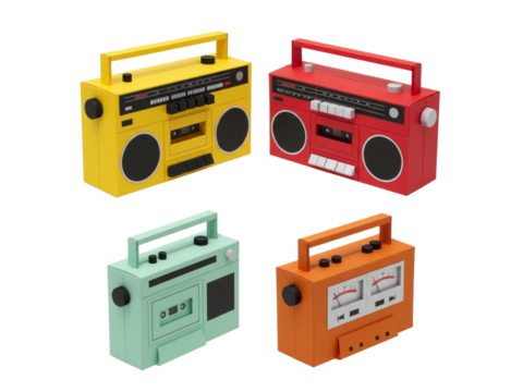 3d rendering of a set of colorful retro boomboxes isolated from transparent background. Png file