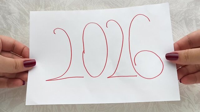 A woman holds a white A4 sheet that says 2026. The concept of goals and plans for the new year.