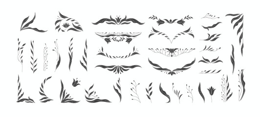 Set of retro floral design elements in silhouette or linocut style . Botanic frame, corner and borders in wavy and vintage style. Boho for print packaging or wedding greeting card