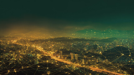 Naklejka premium Twilight a city of modern business and smart digital innovation with a network of interconnected rewards over the cityscape of the future smart wireless digital city and social media network