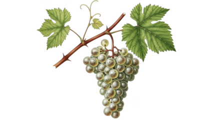 Bunch of white grapes with leaves isolated on transparent background