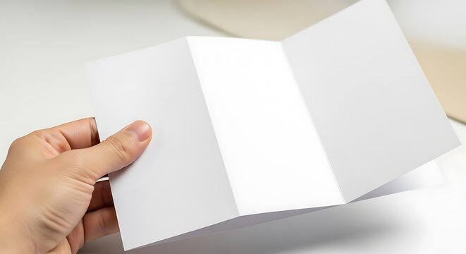 Hand holds an open blank white threefold paper leaflet, brochure