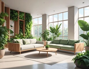 A bright, modern living room boasts a lush vertical garden, light-toned furniture, and large windows overlooking a serene exterior.