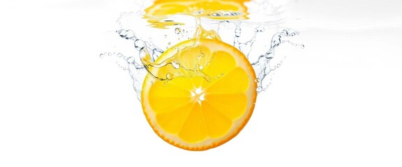Vibrant yellow lemon slice splashing in clear water, isolated on white,   blog,  fruit
