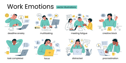 Collection of flat cartoon vector illustrations with office workers and employees, work emotions. Procrastination, burnout, deadline anxiety, creative block, focus, multitasking, meeting fatigue
