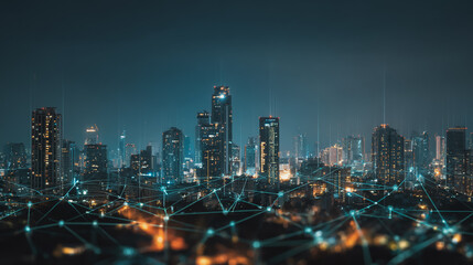 Fototapeta premium Twilight a city of modern business and smart digital innovation with a network of interconnected rewards over the cityscape of the future smart wireless digital city and social media network