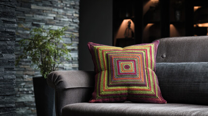 Obraz premium Elegant square pillow on a modern couch in a stylish living room with decorative stone wall and warm lighting