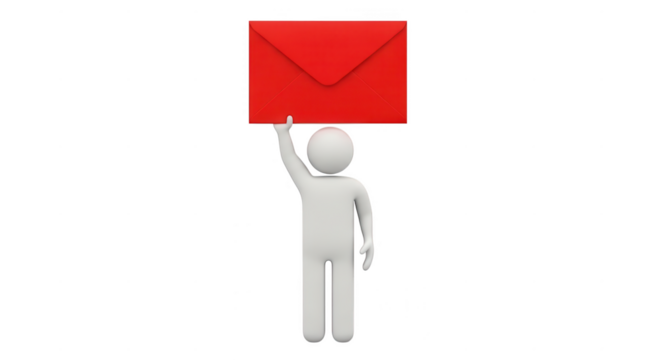 Stick figure holding a red envelope isolated on transparent background